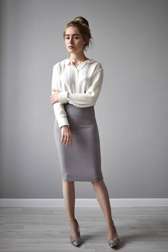 Pencil Skirt with a Long-Sleeve Blouse and Blazer